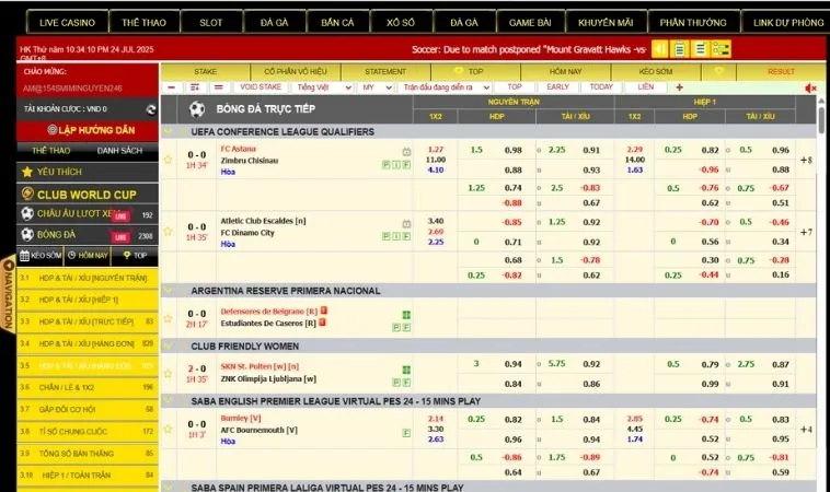 Giao diện đặt cược kèo bóng đá K9WIN